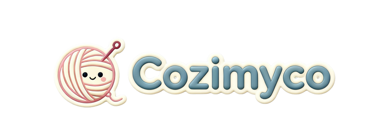 Cozimyco handmade crochet plushies brand logo featuring a smiling yarn ball and crochet hook.