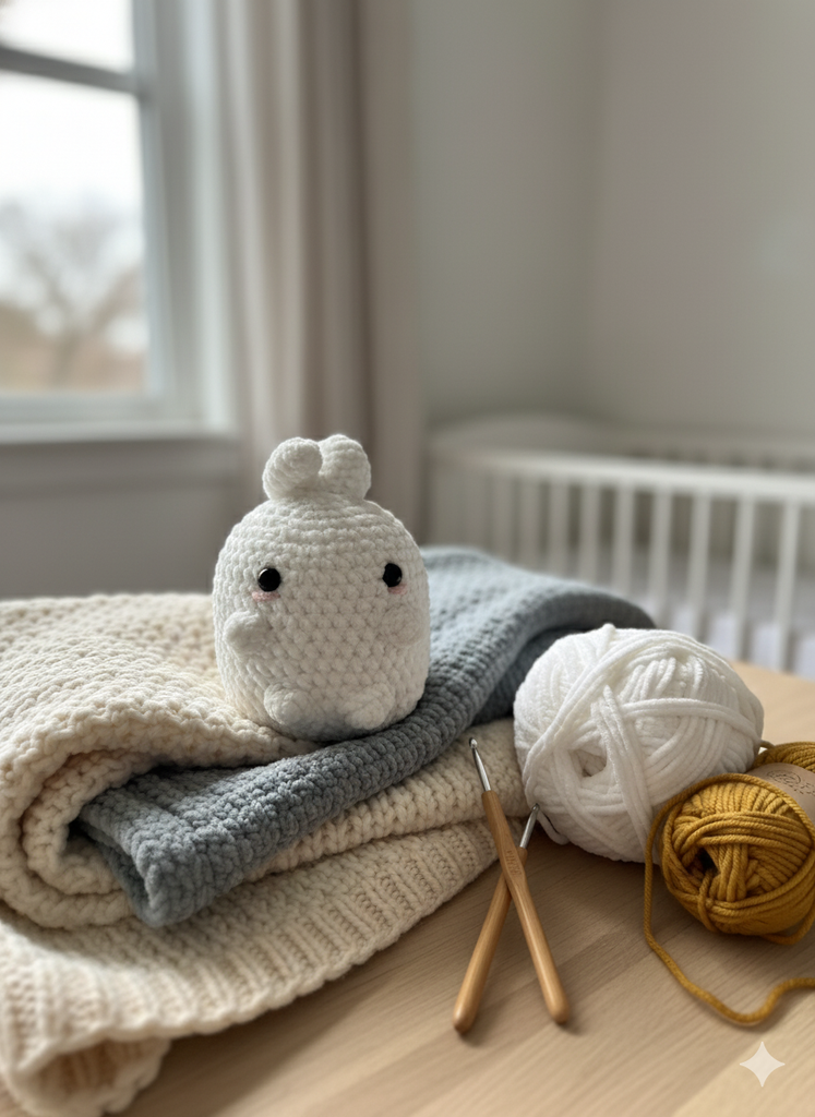 Knitted toy, yarn, and knitting needles on a wooden surface with a window in the background